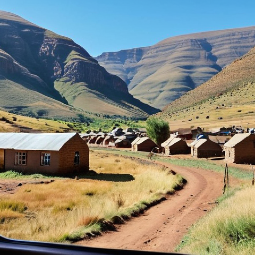 **

A scenic view from a Lesotho train window. Rugged, dramatic mountains fill the background under a clear blue sky. In the foreground, glimpse a passing village with simple houses and children playing. Emphasize the natural beauty and vastness of the Lesotho landscape. Capture a sense of adventure and discovery.

**