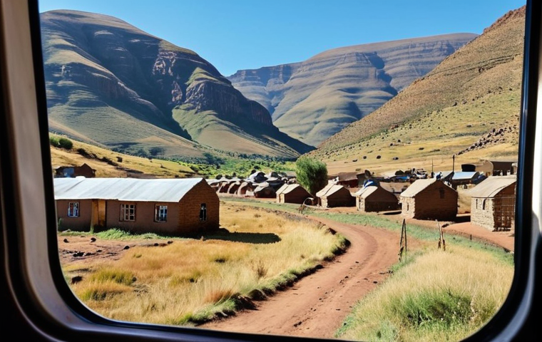 **
A scenic view from a Lesotho train window. Rugged, dramatic mountains fill the background under a clear blue sky. In the foreground, glimpse a passing village with simple houses and children playing. Emphasize the natural beauty and vastness of the Lesotho landscape. Capture a sense of adventure and discovery.
**